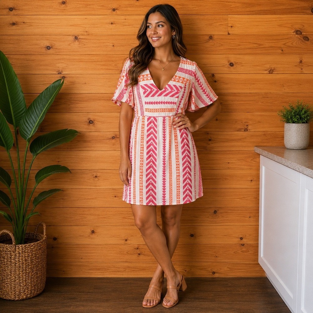 Old Navy Pink Orange Geometric Jacquard V-Neck Mini Dress‎ with Pockets Small